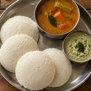 Idli with sambar and chutney