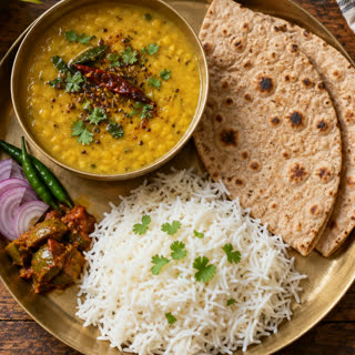 A thali with dal, rice, roti and sabzi