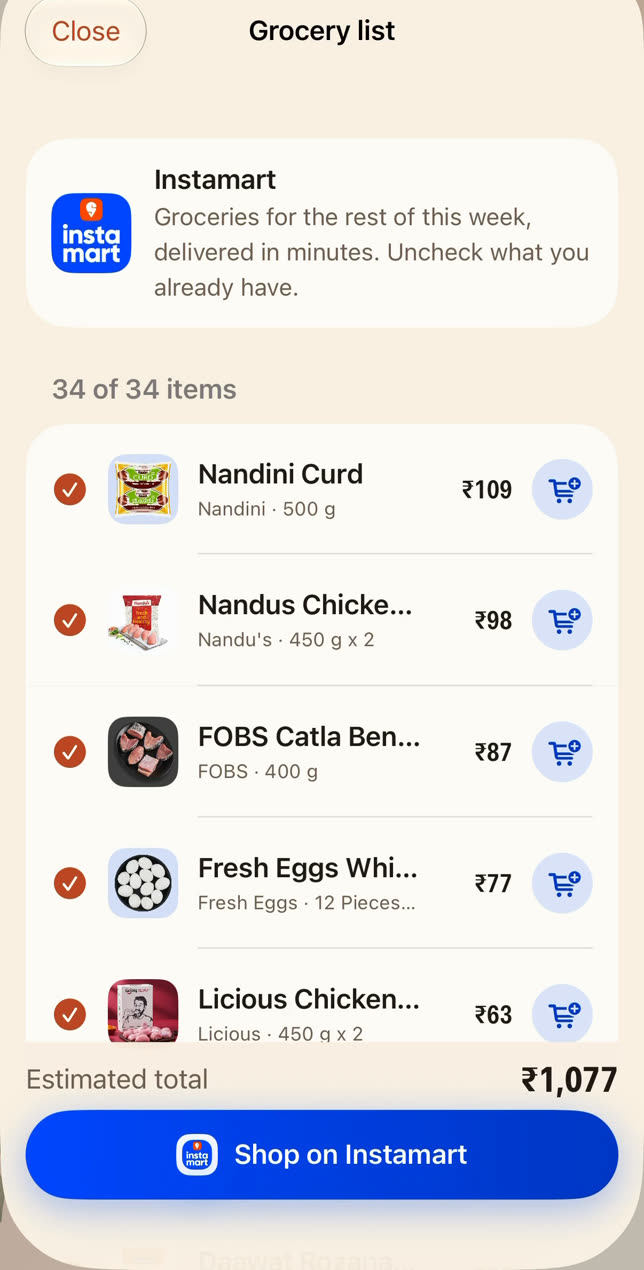 Grocery list: 34 of 34 items on Instamart, including Nandini curd and fresh eggs, estimated total 1,077 rupees.
