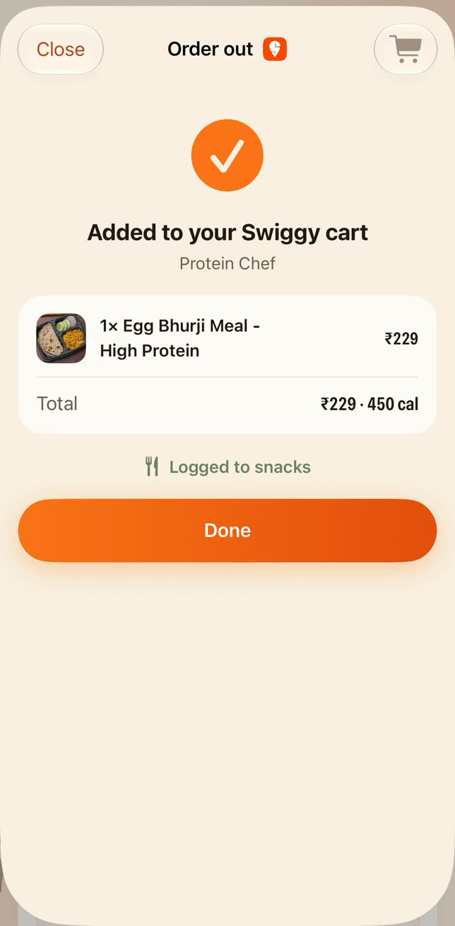 Added to your Swiggy cart: 1 egg bhurji meal, 229 rupees, 450 cal, logged to snacks.