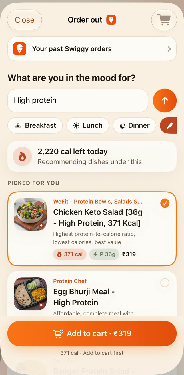 Order out: high protein picks from Swiggy, including a chicken keto salad at 371 cal and 319 rupees, and an egg bhurji meal.
